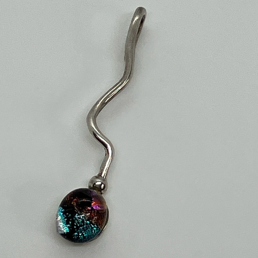 Vtg 925 Sterling Silver & Metallic Blue Pink Dichroic Glass Wavy Line Pendant
